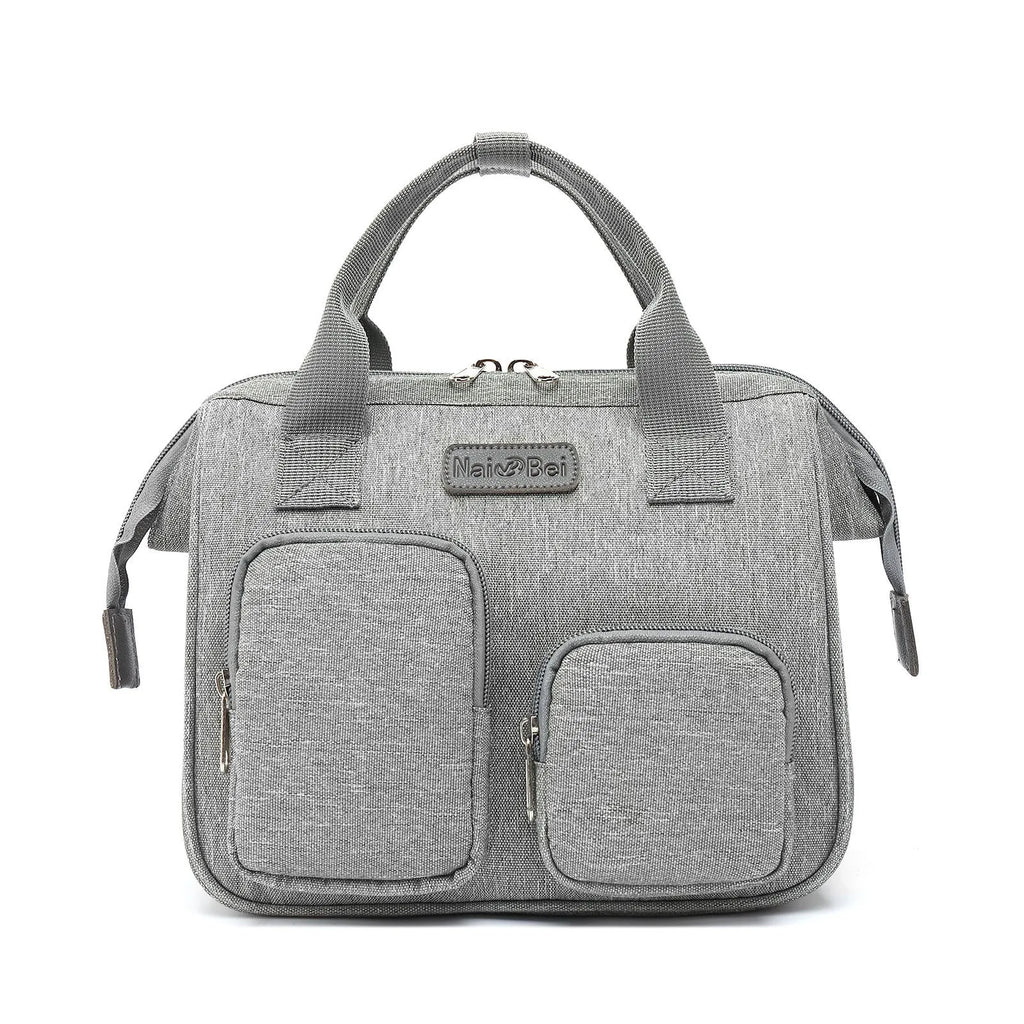 Grey waterproof Oxford cloth women's handbag with three-dimensional pocket and organised interior compartments.
