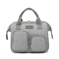 Grey waterproof Oxford cloth women's handbag with three-dimensional pocket and organised interior compartments.