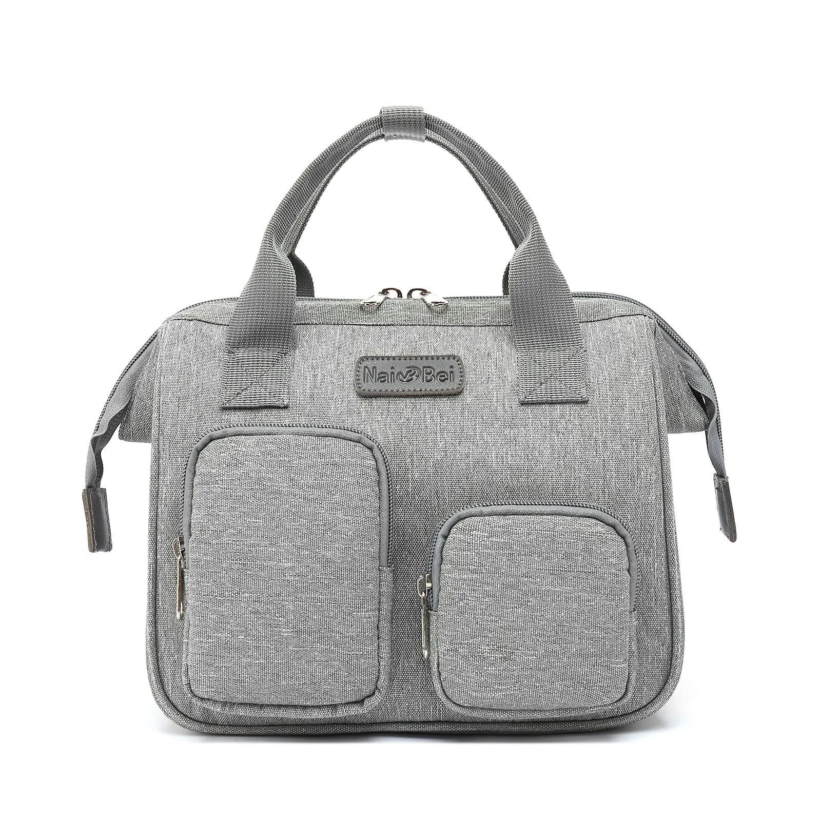 Grey waterproof Oxford cloth women's handbag with three-dimensional pocket and organised interior compartments.
