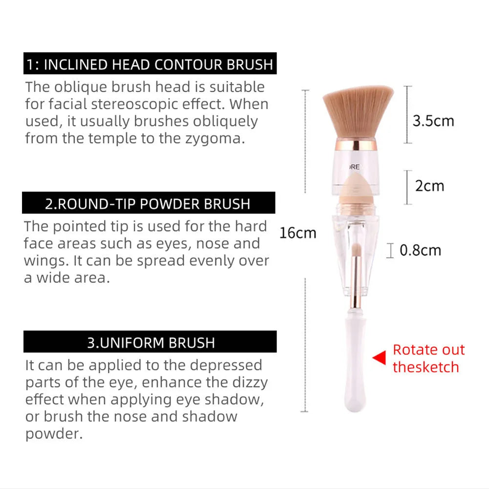 3 in 1 makeup brush with artificial fibre bristles and acrylic handle, 16cm length, pink colour option