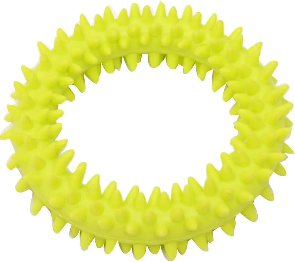 Blue TPR spiky ring dog chew toy for dental care and bite training, 9.5cm diameter.