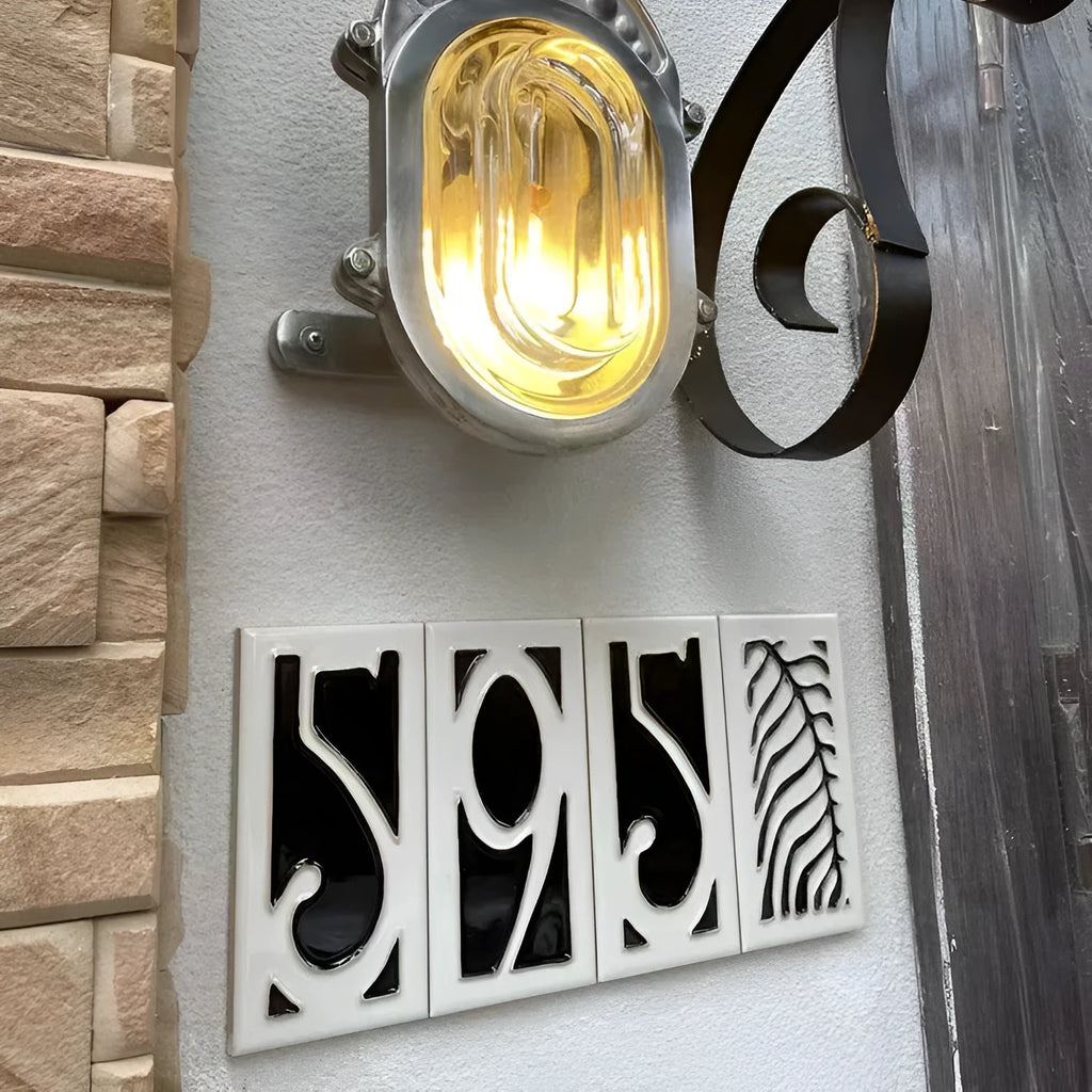 Handmade white ceramic door number plate with black enamel numeral 5, showing 76mm by 152mm dimensions and retro style.