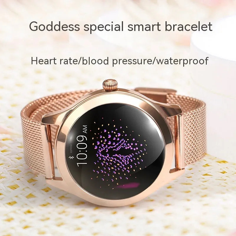 Women's sports smartwatch with heart rate monitoring on wrist in black colour