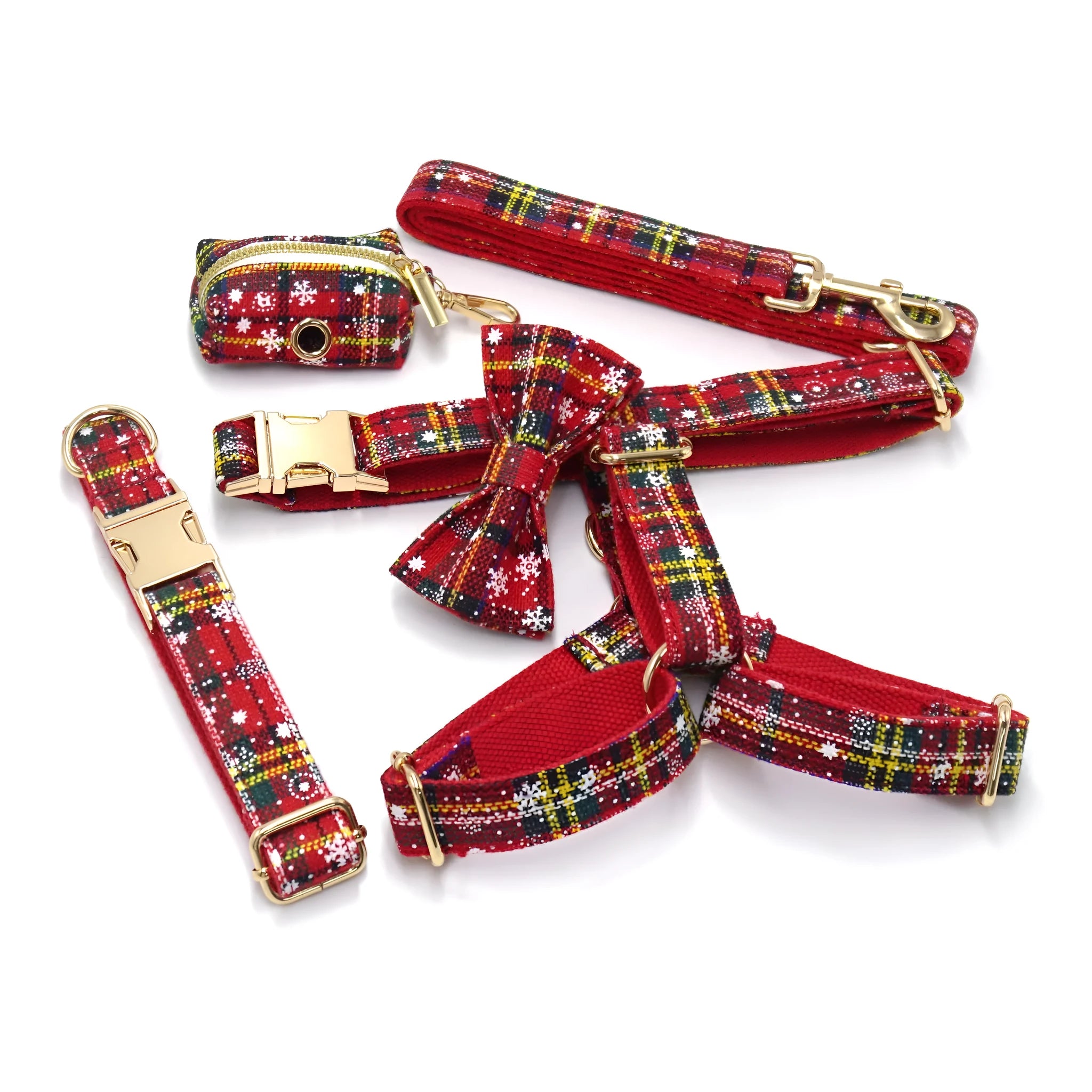 Red cloth Christmas dog collar and lead set with matching chest strap, bow, and waste bag.