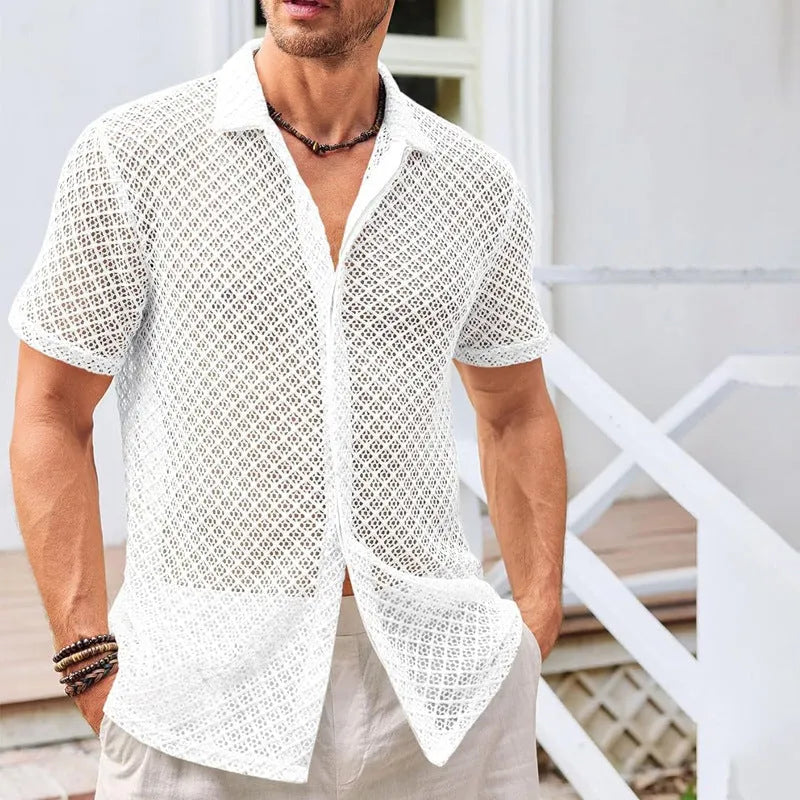 Men's summer mesh short sleeve shirt in solid colour, lapel collar, cotton blend fabric