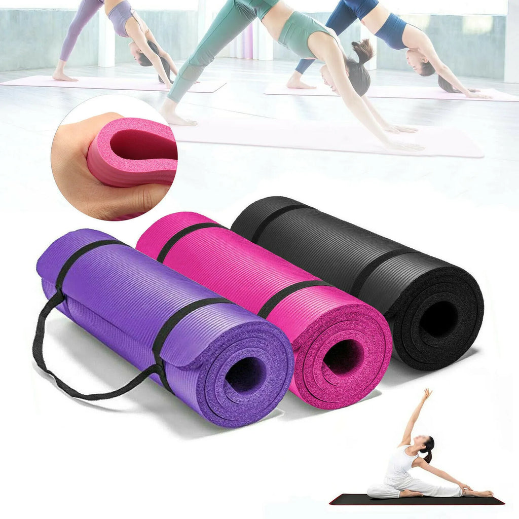 Widened NBR non-slip yoga mat 183x61cm in black rolled out on floor with purple options