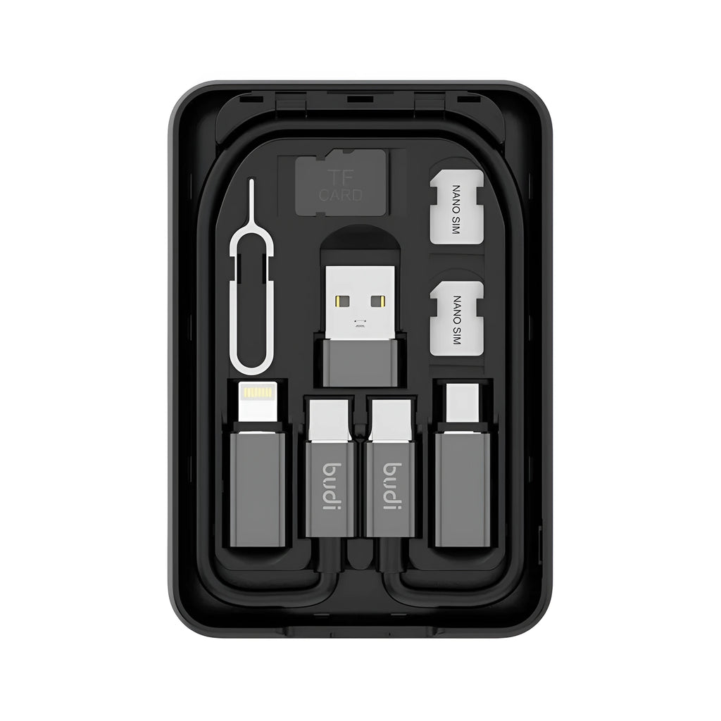Black budi multi-functional power bank box with USB C cable, adapters, and SIM slots, 5000mAh capacity