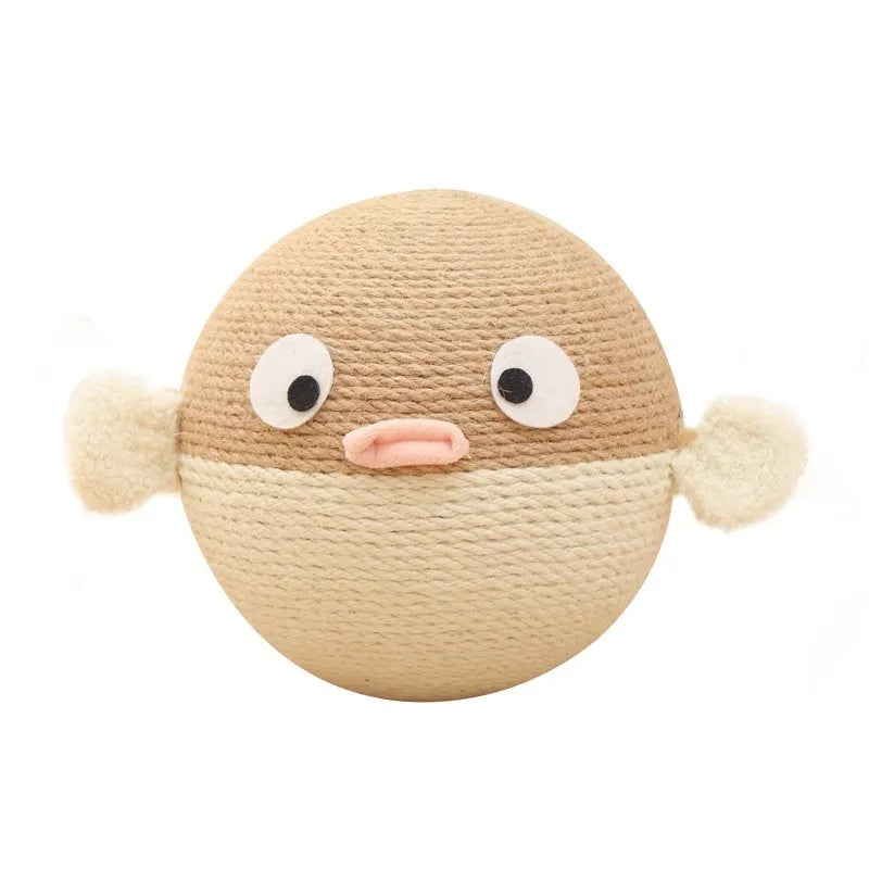 Puffer fish-shaped pet food feeder toy made from natural sisal hemp strips, 15cm cube design