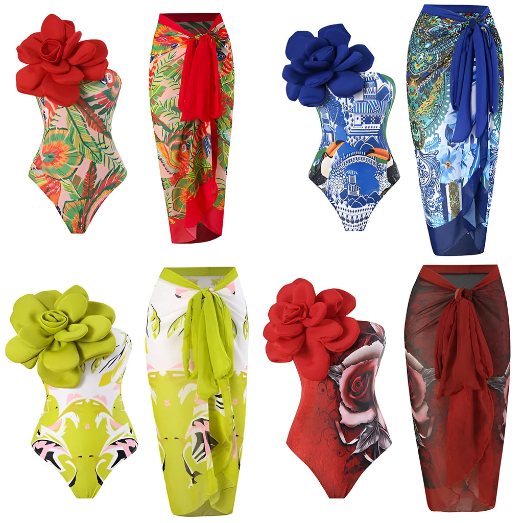 Women's blue printed one-piece swimsuit with matching gauze skirt set for swimming.