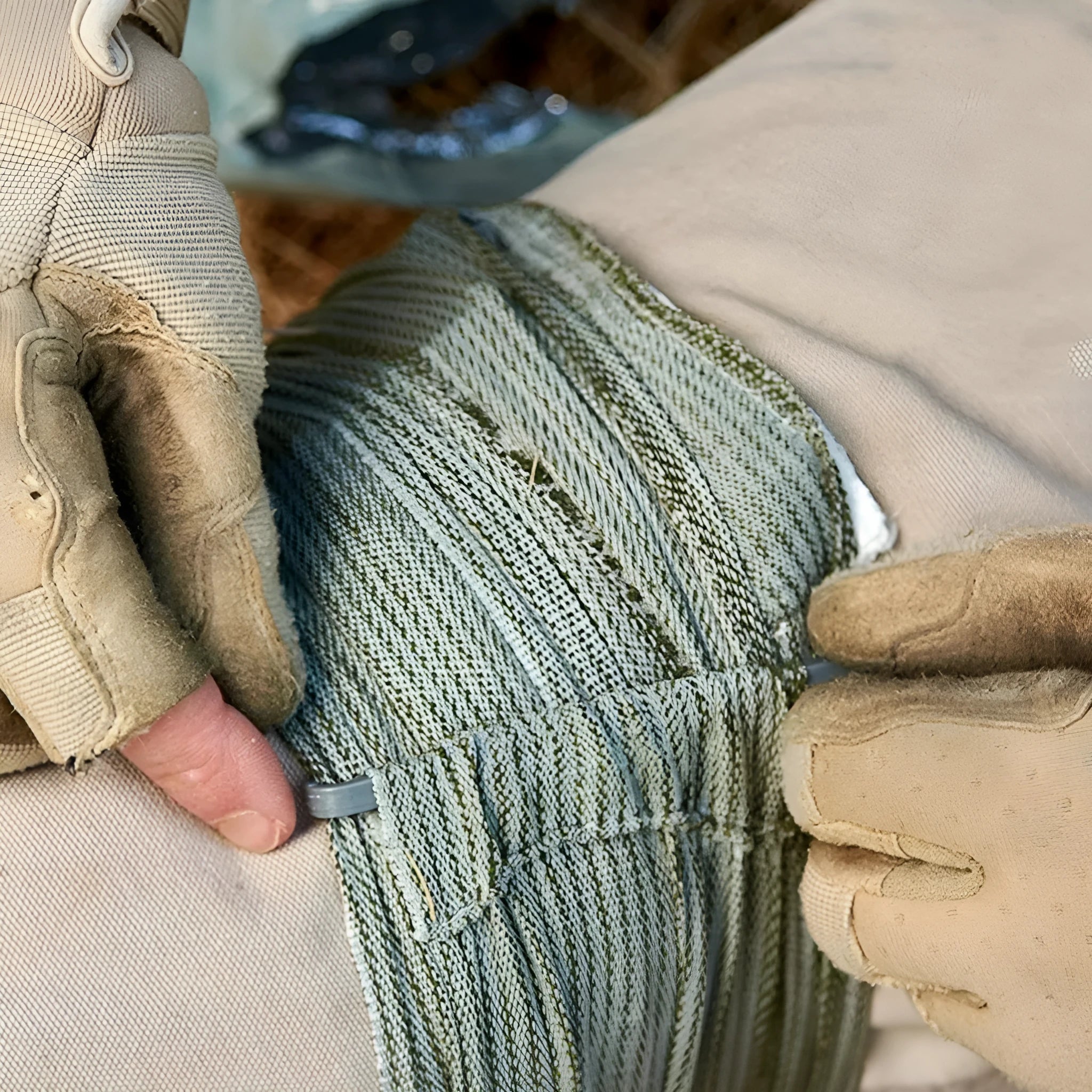Outdoor hemostatic bandage and tactical gauze tape in 10cm and 15cm sizes laid flat.