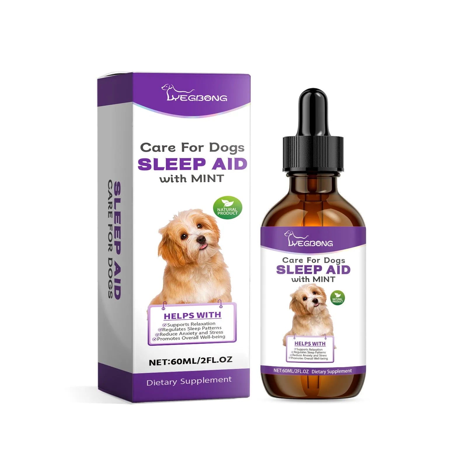60ml bottle of dog sleep drops liquid supplement with mint extract for veterinary care
