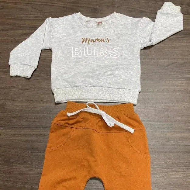 Boys' cotton letter print top and full-length trousers set in black, white or grey, sizes 70cm to 130cm