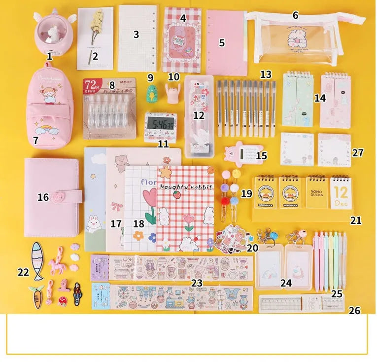 29 piece and 31 piece creative learning supplies stationery set gift bags containing notebooks, pens, and organisers