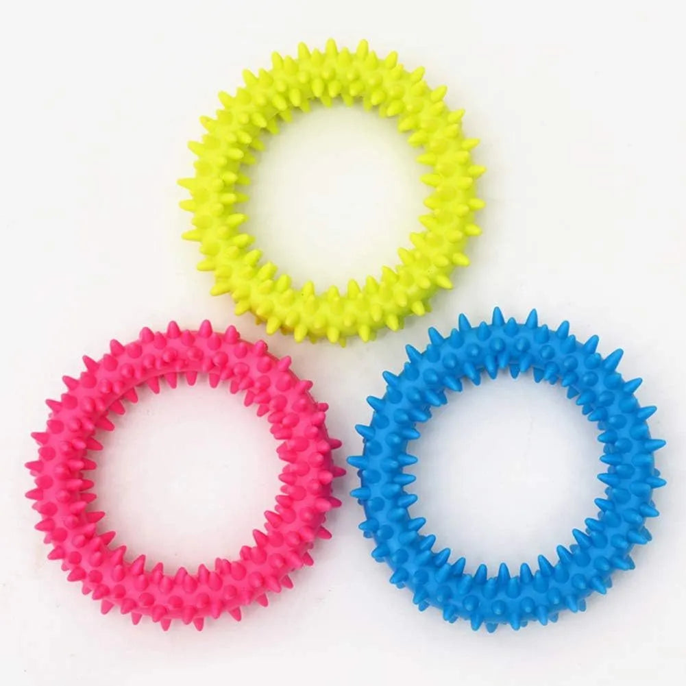 Blue TPR spiky ring dog chew toy for dental care and bite training, 9.5cm diameter.