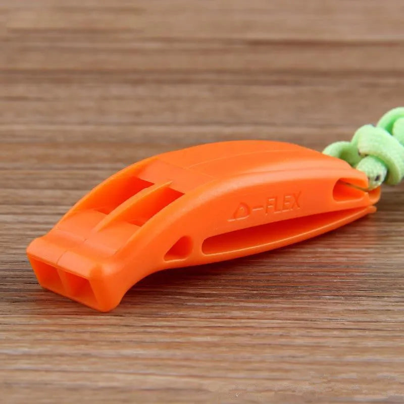 Fire survival whistle in black or orange, high impact plastic, 7.2cm x 2cm, with 10cm or 50cm lanyard
