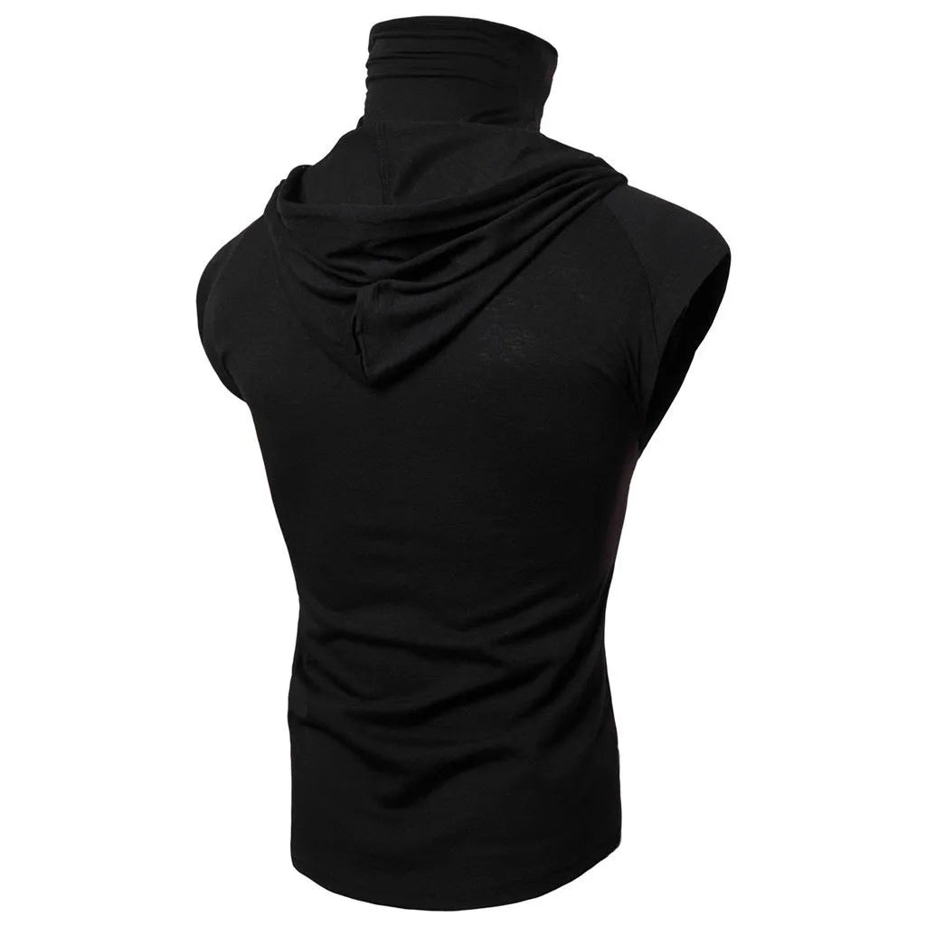 Mens cotton blend punk colour block sports vest hooded with three-dimensional patch pockets in black available in sizes L to 3XL