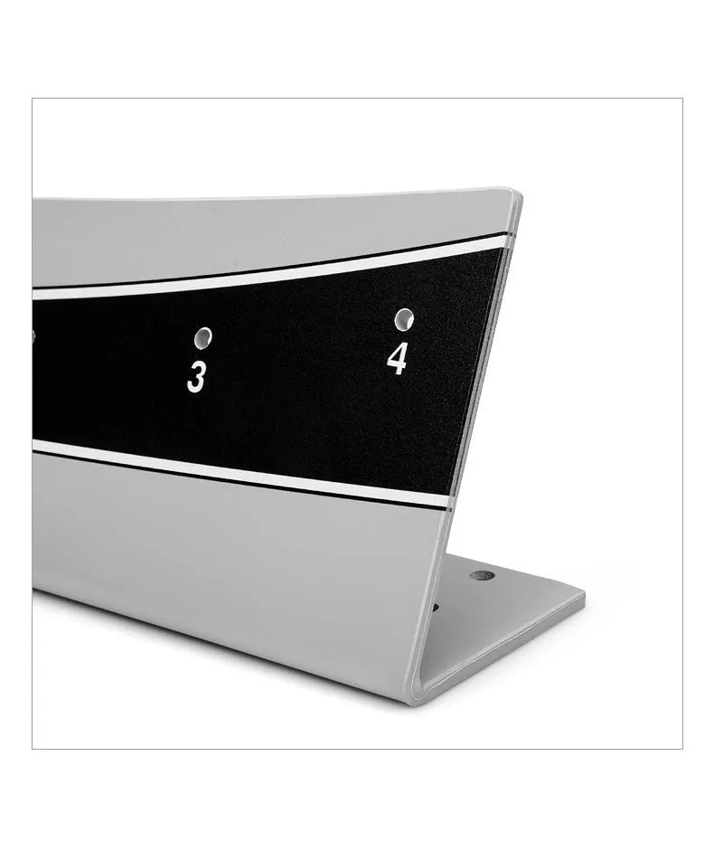 Golf putter trajectory balance simulator with adjustable push rod on a green putting mat