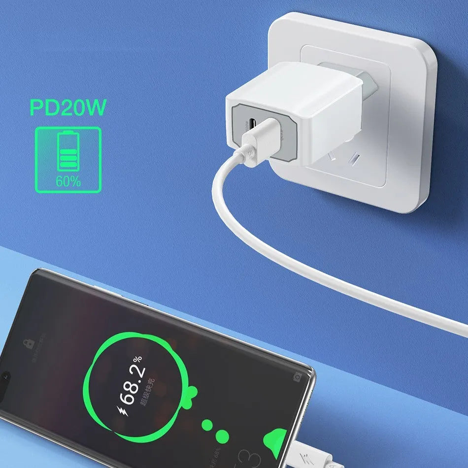 White phone fast charger set with USB cable on a white background.