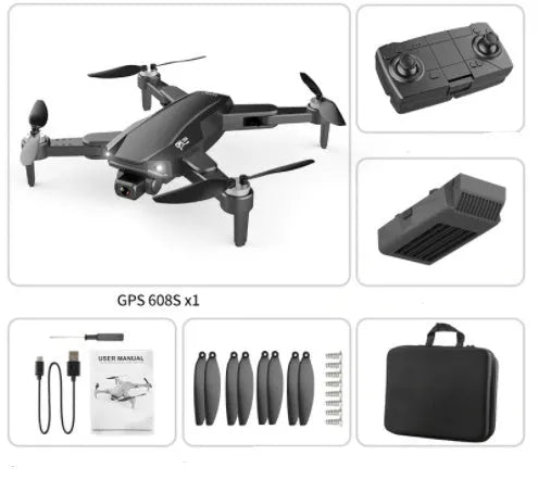 Orange GPS drone with 6K dual camera, brushless motor, foldable arms and remote control, shown with spare propellers
