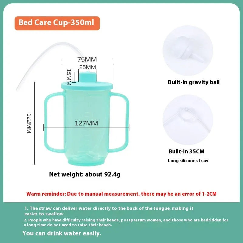 Adult polypropylene drinking cup with oblique choke-proof spout, lid, handle, and optional wrist splint.