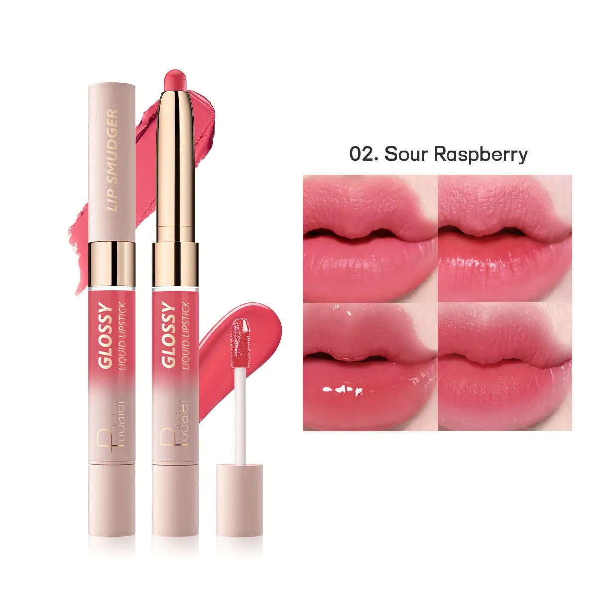 Double-headed lipstick with matte finish showing ten colour options from 01 to 10