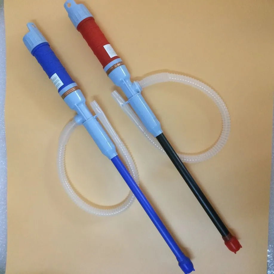 Blue and red manual hand siphon pump for fuel and liquid transfer.