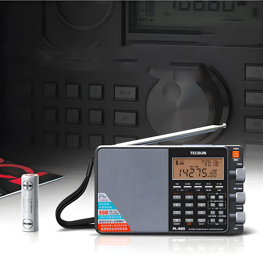 PL-880 high performance full band digital tuning stereo radio in black with built-in speaker and short wave antenna