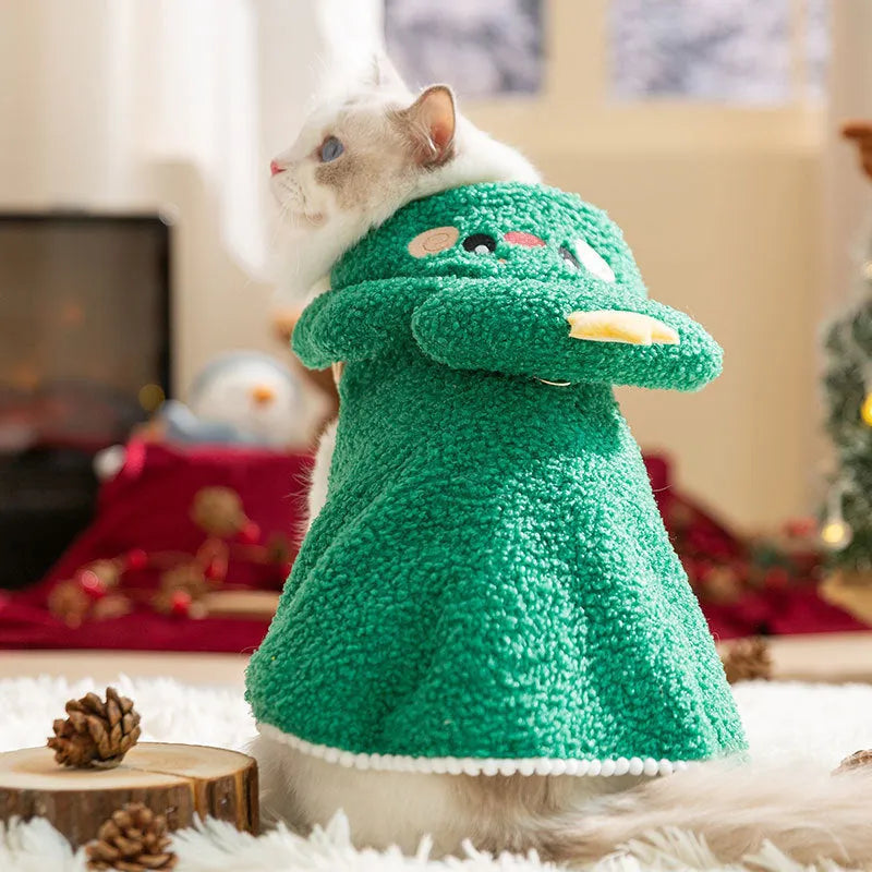 Cartoon elk design cat cloak in green or brown polyester for winter warmth