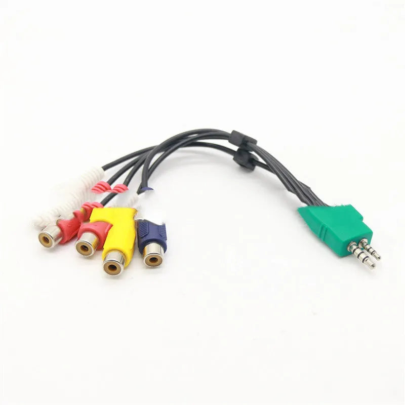 Black tinned copper AV cable with 3.5mm plus 2.5mm plug on one end and five RCA connectors on the other, 18cm length