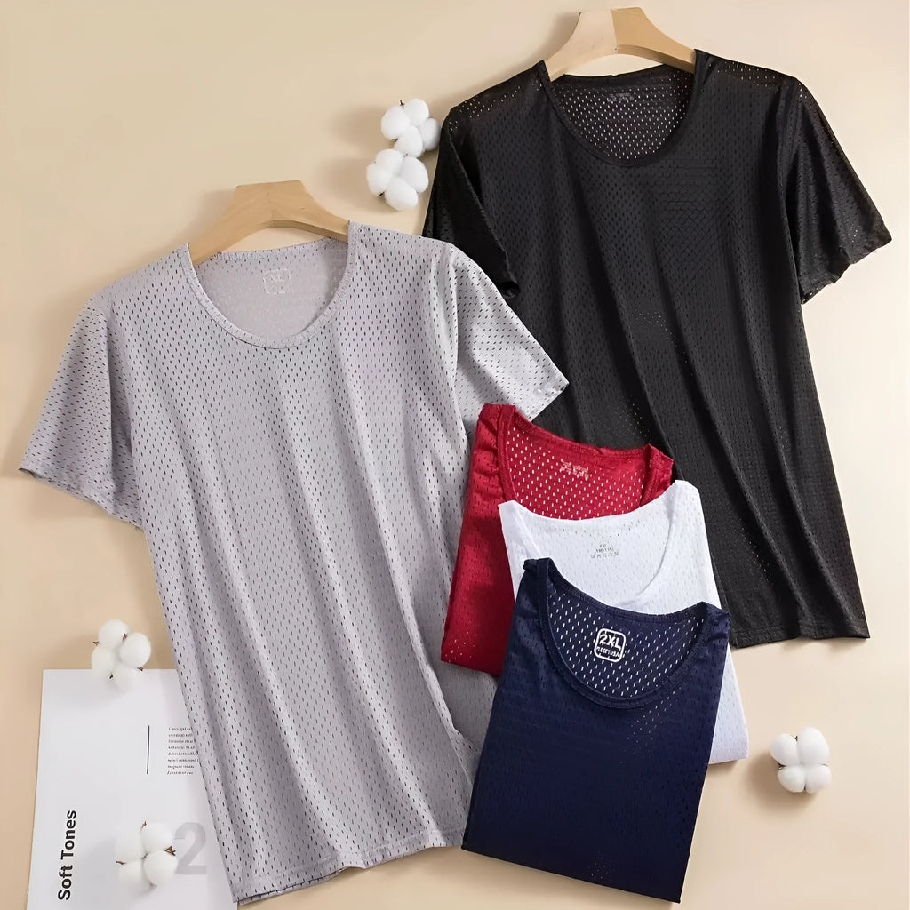 Men's solid colour ice silk short sleeve t-shirt in loose fit on a hanger.