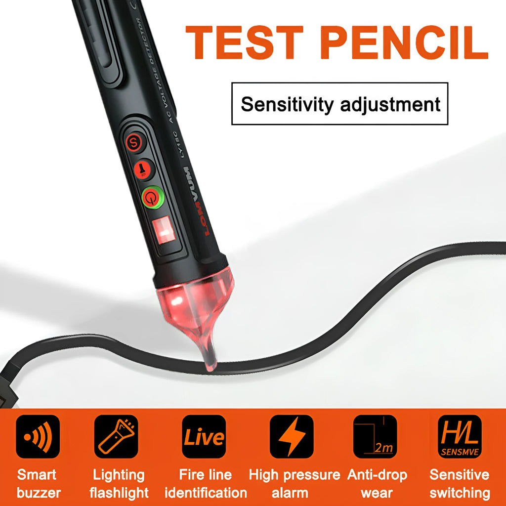 Black intelligent voltage detection pen with sensor tip for live and neutral wire testing.