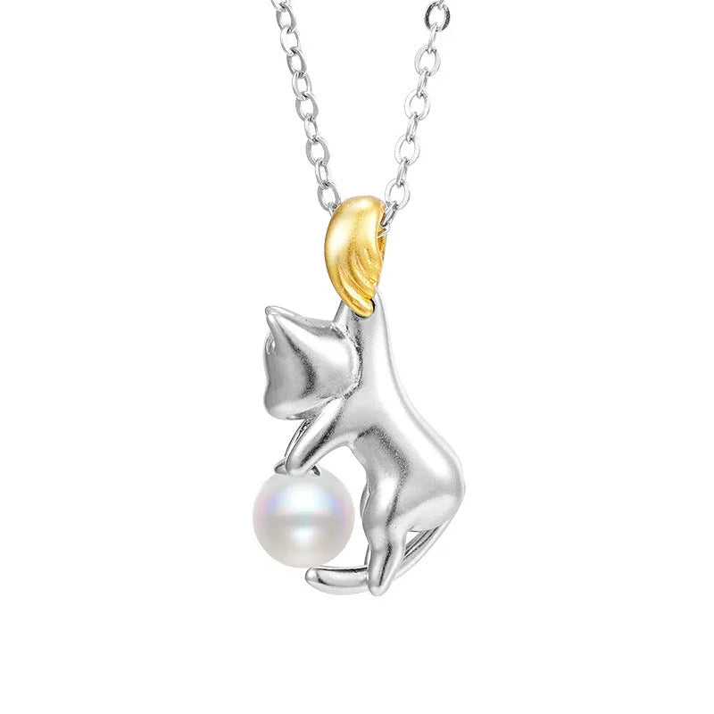 925 sterling silver clavicle chain necklace with cat charm pendant in electroplated finish
