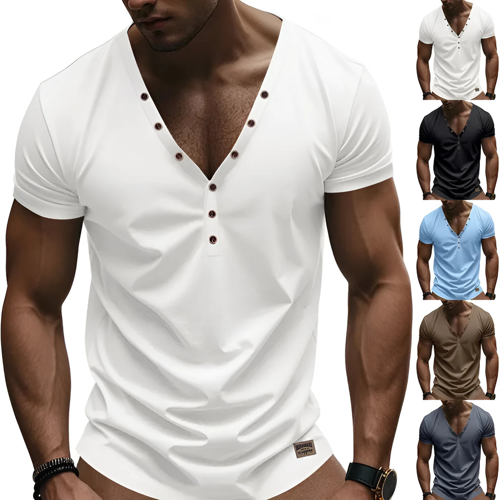 Men's loose fit V-neck pullover top with button design in light blue colour