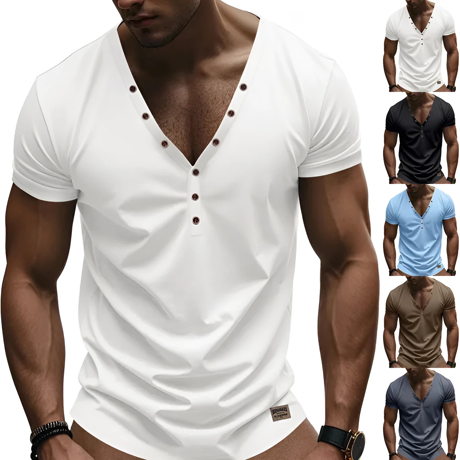 Men's loose fit V-neck pullover top with button design in light blue colour