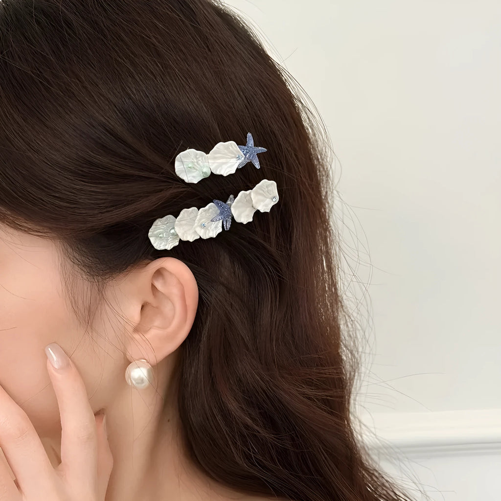 Women's starfish shell side bang clip barrettes in natural style, mixed material, multiple colour options including long and short.