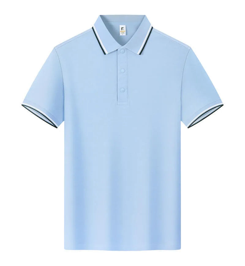 Short sleeve lapel T-shirt in long-staple cotton shown in multiple colours on size chart.