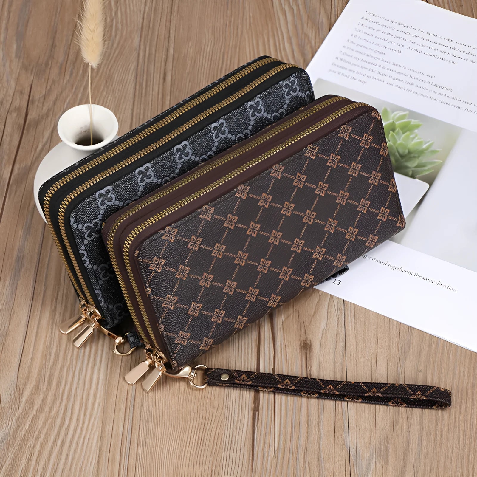 European retro style PU leather wallet clutch with mobile phone bag and coin purse compartments in black colour