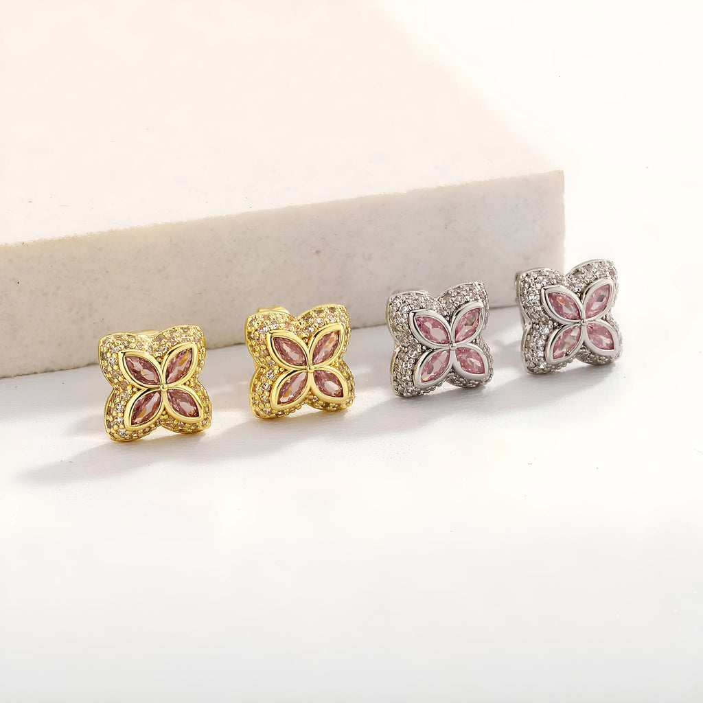 Four-leaf clover stud earrings with full diamond micro inlay, copper base, flower and leaf shape
