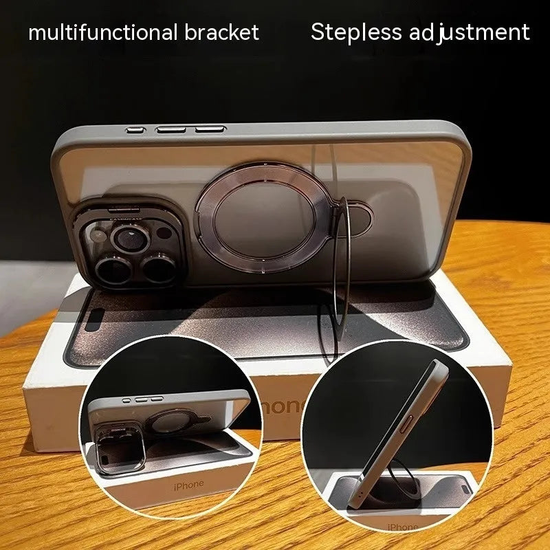 Black magnetic silicone phone case with lens cover bracket for iPhone showing invisible bracket propped up