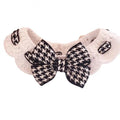 Red houndstooth wool knitted pet collar shown flat with size measurement indicators