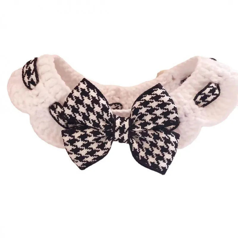 Red houndstooth wool knitted pet collar shown flat with size measurement indicators