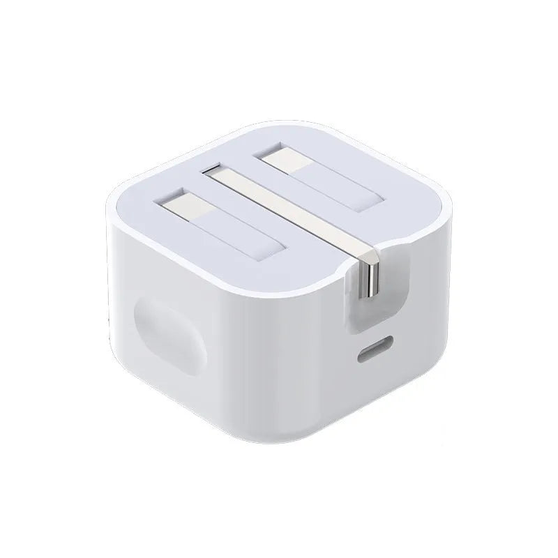 White 20W PD fast charger with UK plug and a USB Type-C charging cable.