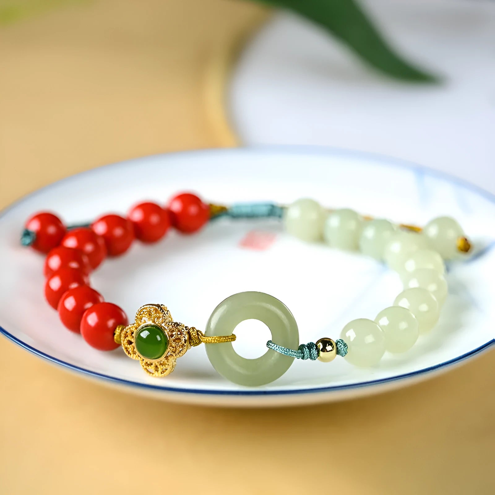 Hetian gray jade safety buckle cinnabar bracelet flower shape 8mm women's retro ethnic style