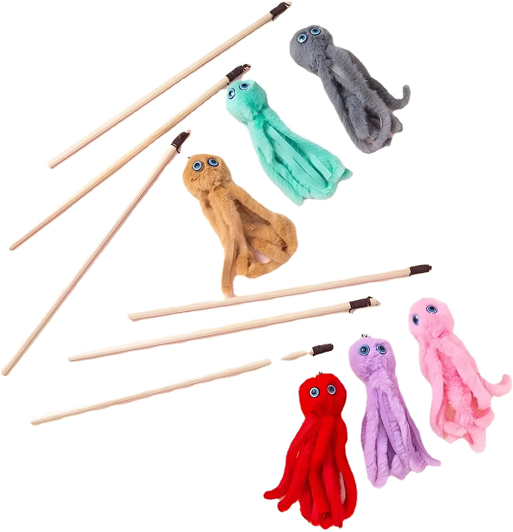 Furry octopus cat toy on 40cm wand for interactive indoor play with kittens