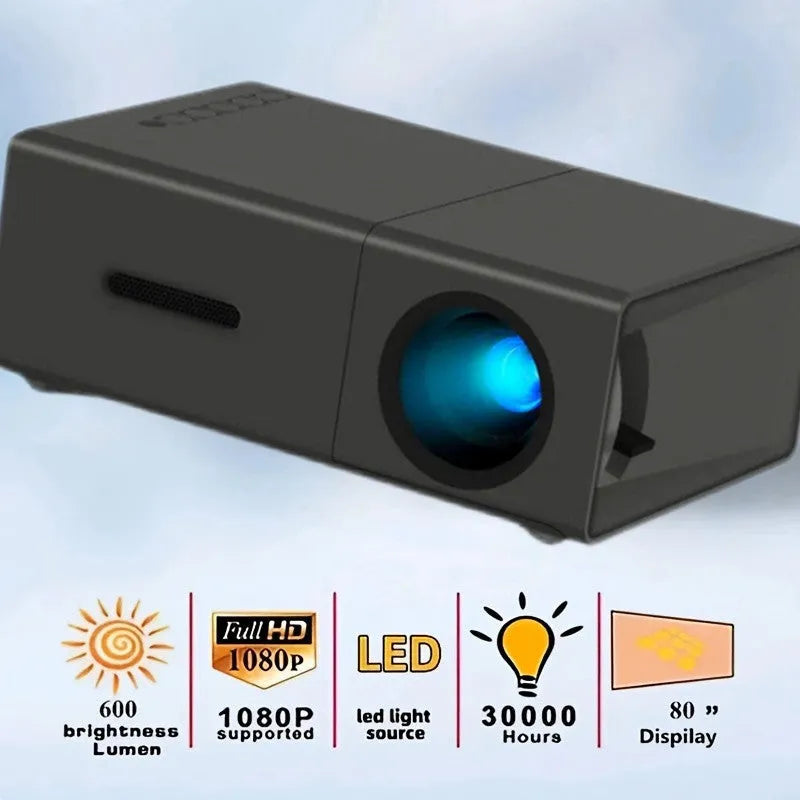 White and black M100 portable LED mini projector with remote control on a table.