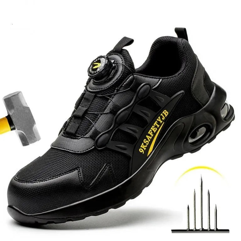 Men's black steel toe anti-puncture safety shoes with suede upper and rubber sole, front lace up closure