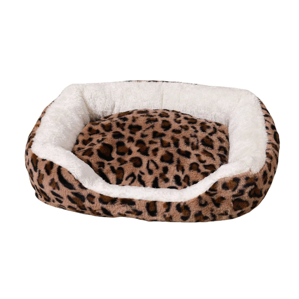 Leopard print cloth cat nest pet bed in brown, purple, or pink, sizes 46x35cm, 60x45cm, 90x60cm