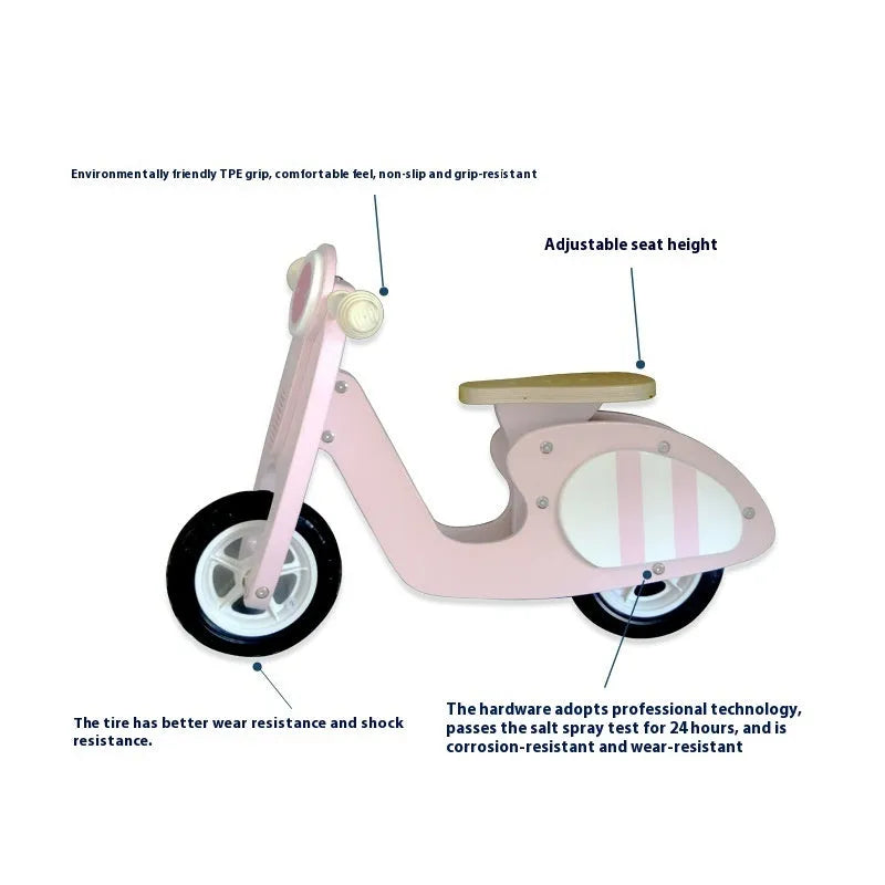 Pink wooden balance scooter with 10-inch wheels for toddlers aged 1-6 years