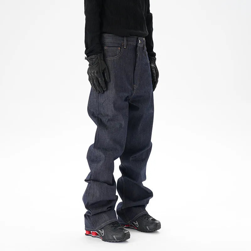 Dark blue loose straight-leg casual jeans on a neutral background.