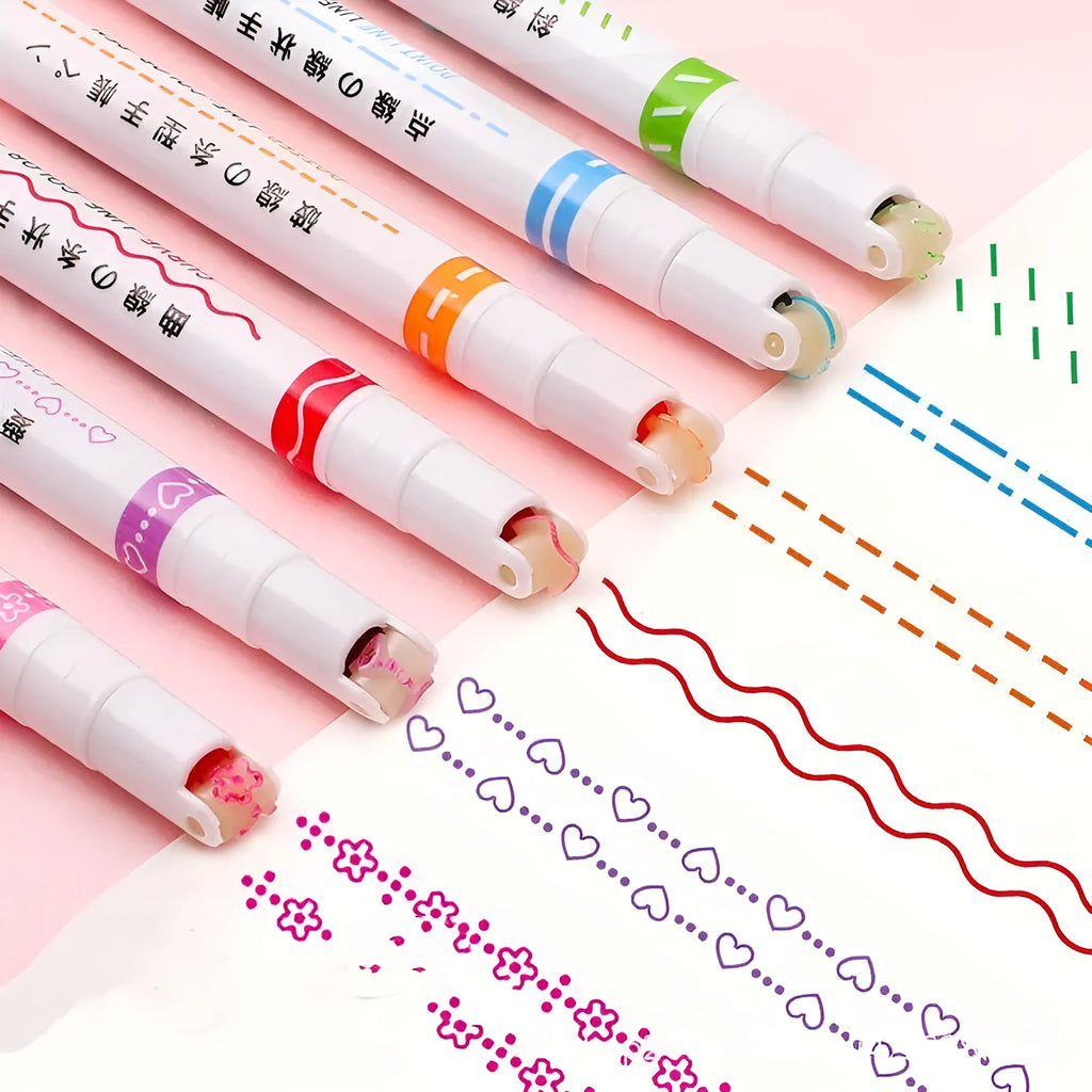 Creative curve pen roller outline set in plastic case with multiple line styles including thread, bend, love, and star patterns